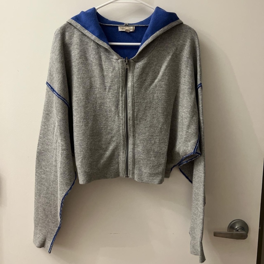 blue and grey cropped hooded jacket